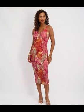 SIENA Sleeveless Pink & Orange V-Neck Midi Dress